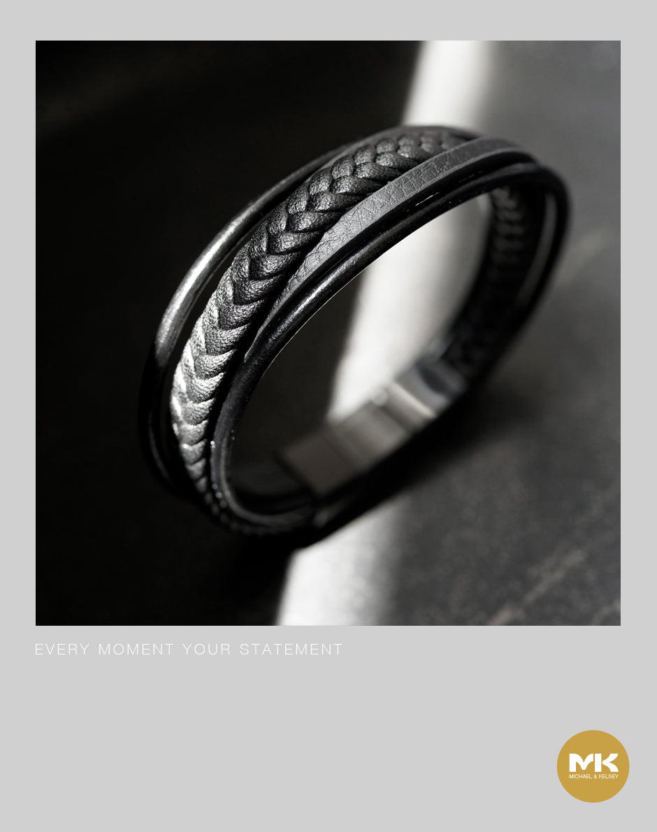 義大利牛皮多圈繩編織手環(黑/棕)