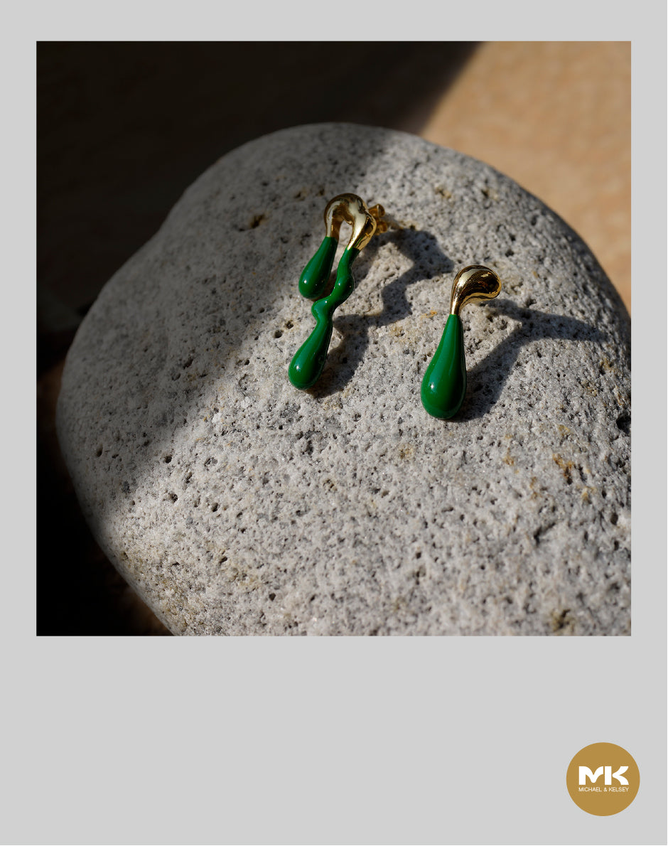 釉彩綠水滴型耳環(金)