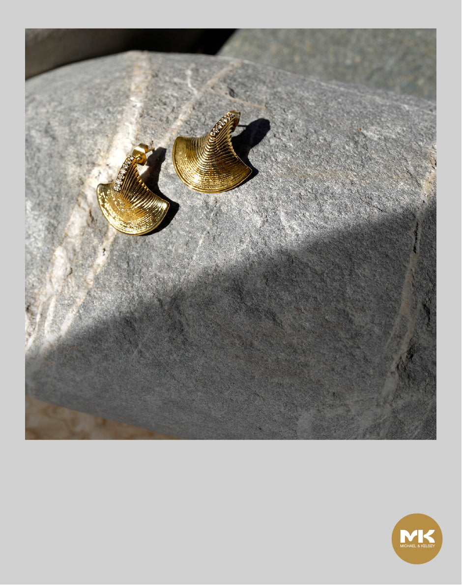 扇貝型鑲鑽耳環(金)