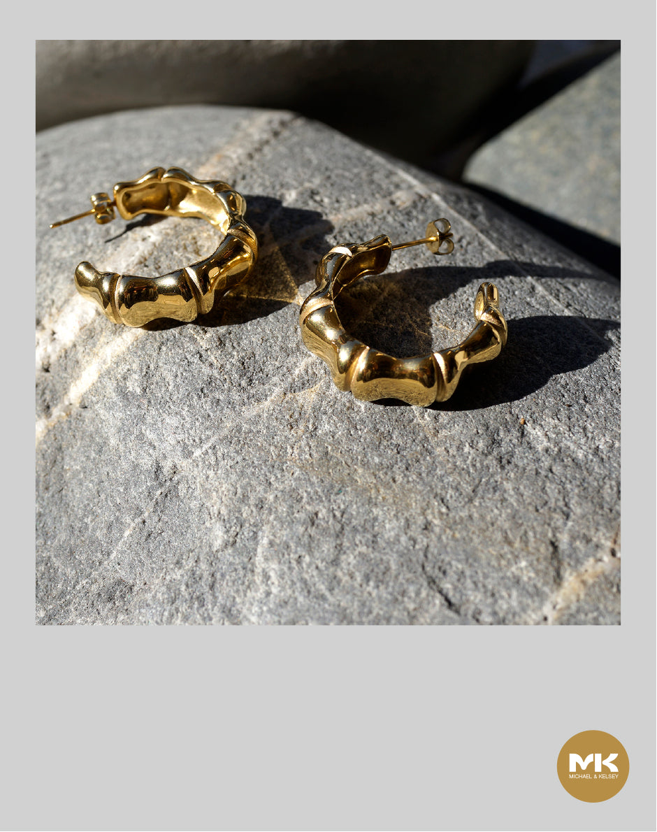 竹節型18K鍍金耳環(金)