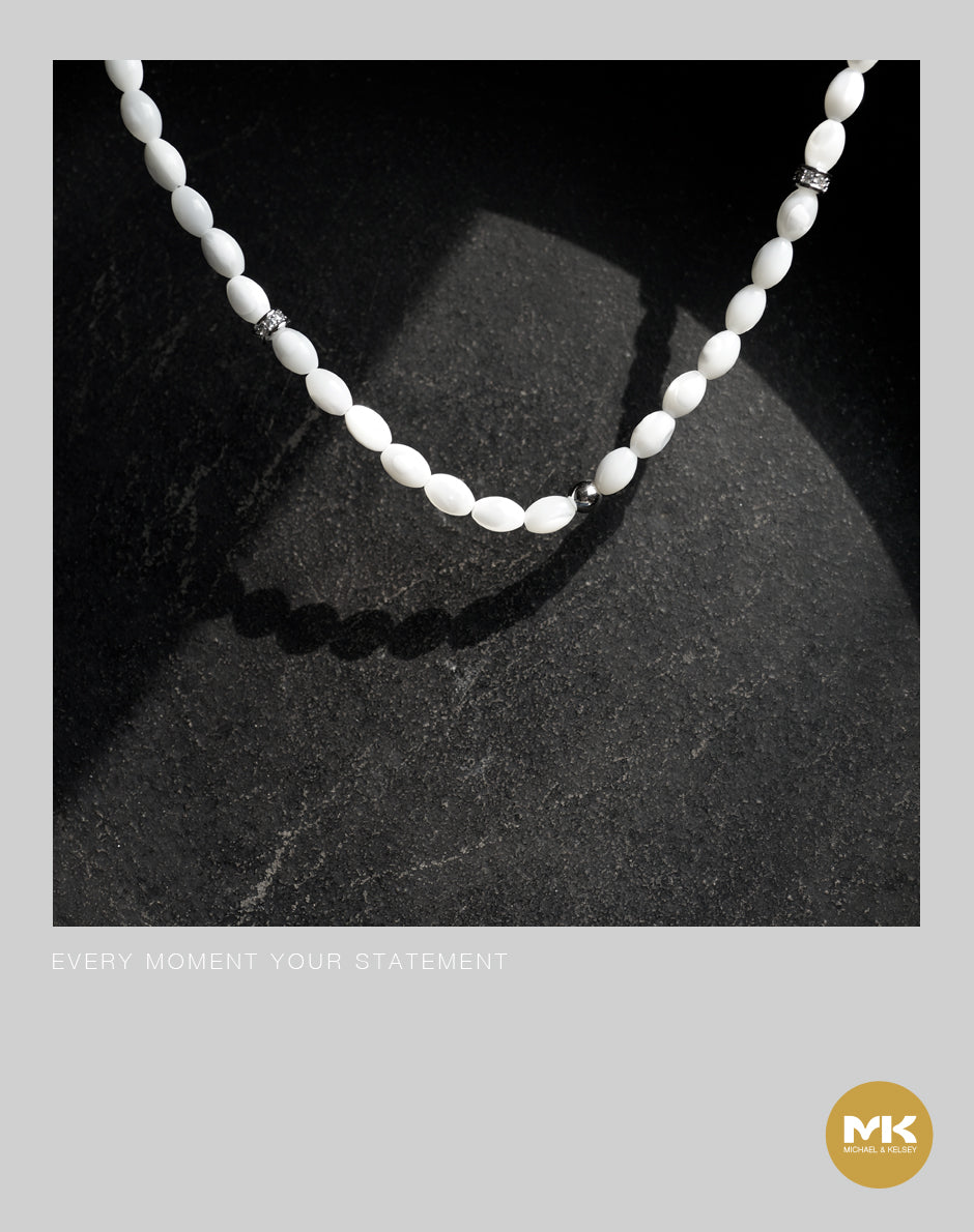 淬煉大地|晶白橢圓珍珠鈦鋼項鍊