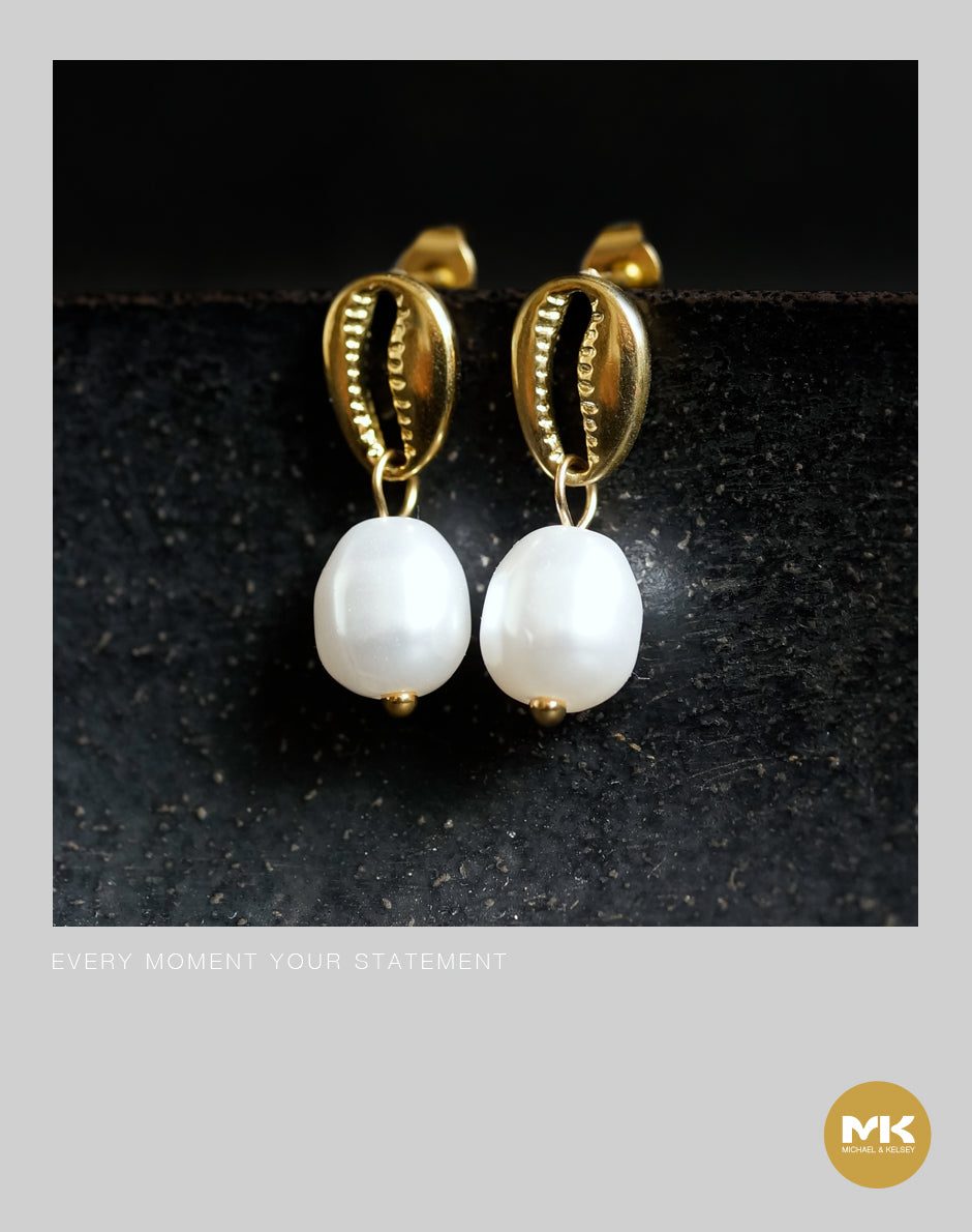 淬煉大地|18K鍍金貝殼型珍珠耳環