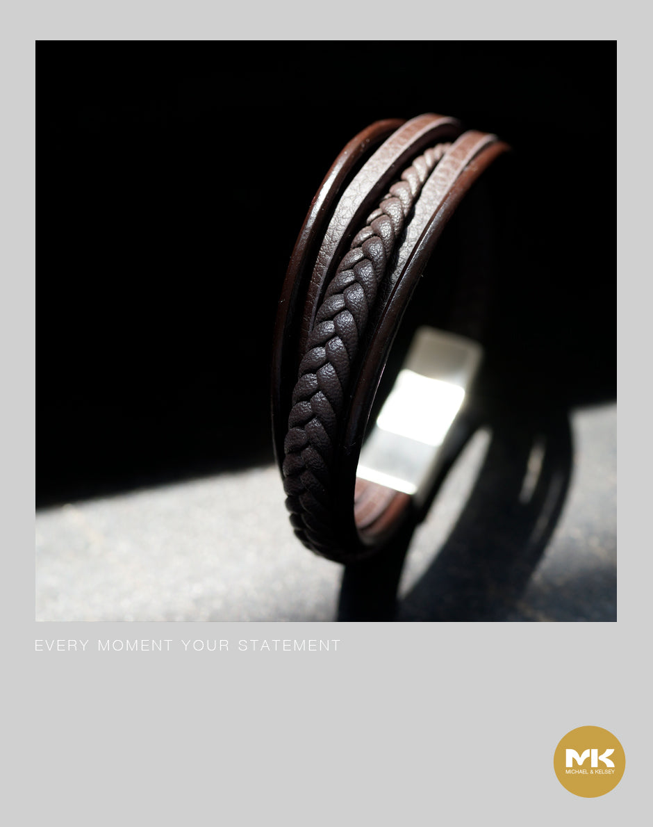 義大利牛皮多圈繩編織手環（黑/棕）