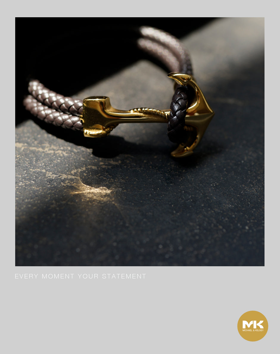 金/黑船錨義大利牛皮編織繩手環（黑/棕）