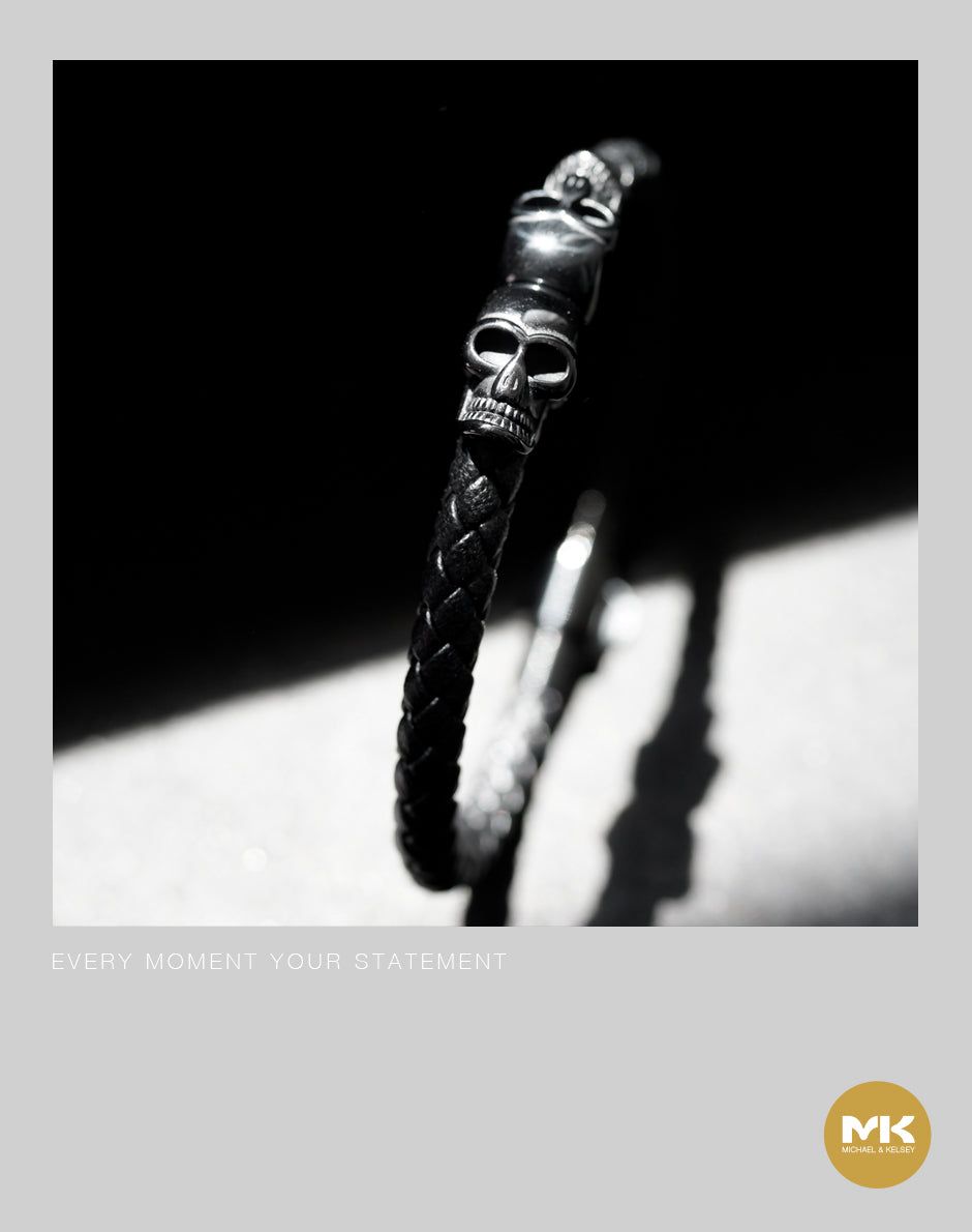 金/黑骷顱義大利牛皮編織手環