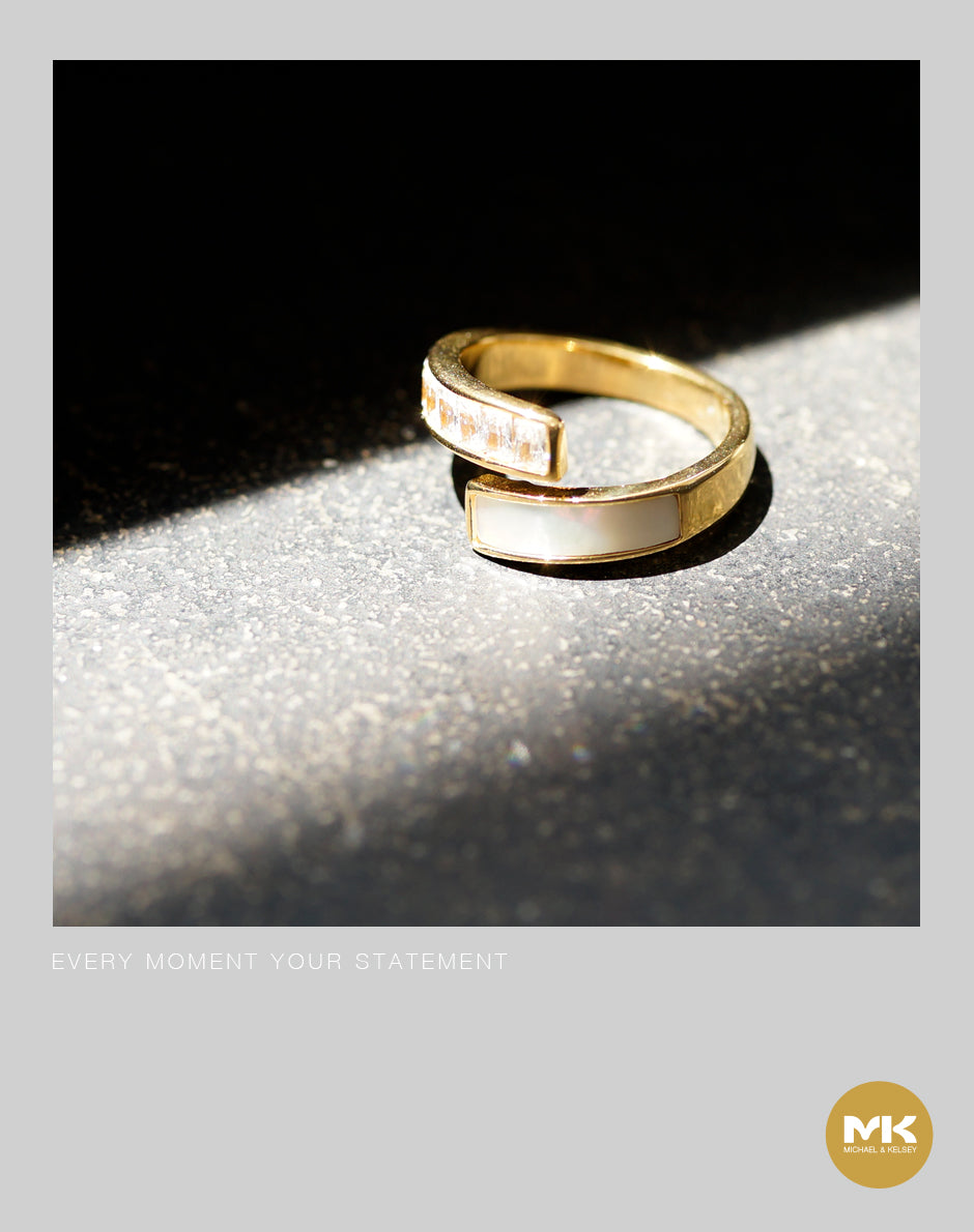 18K鍍金鋯石貝母不對稱戒指