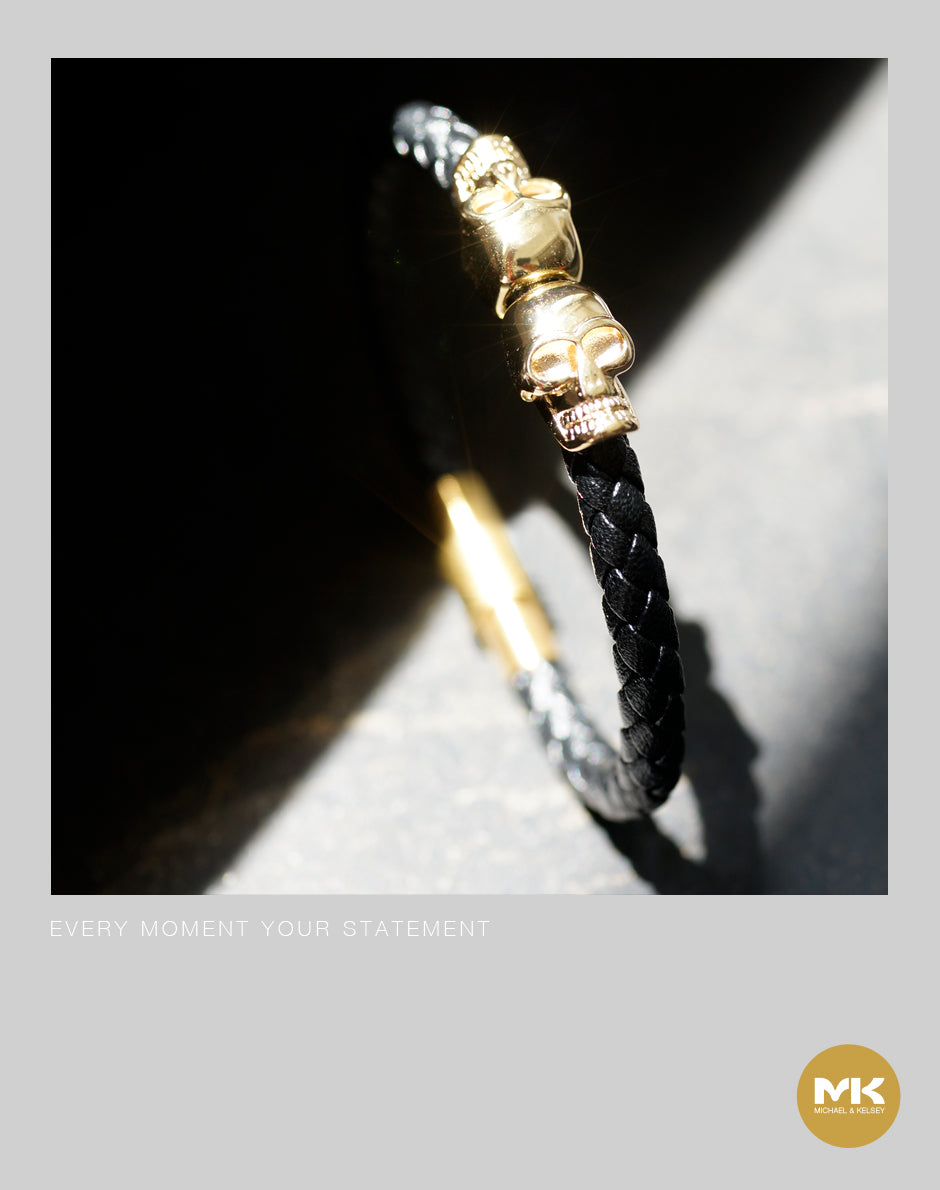 金/黑骷顱義大利牛皮編織手環