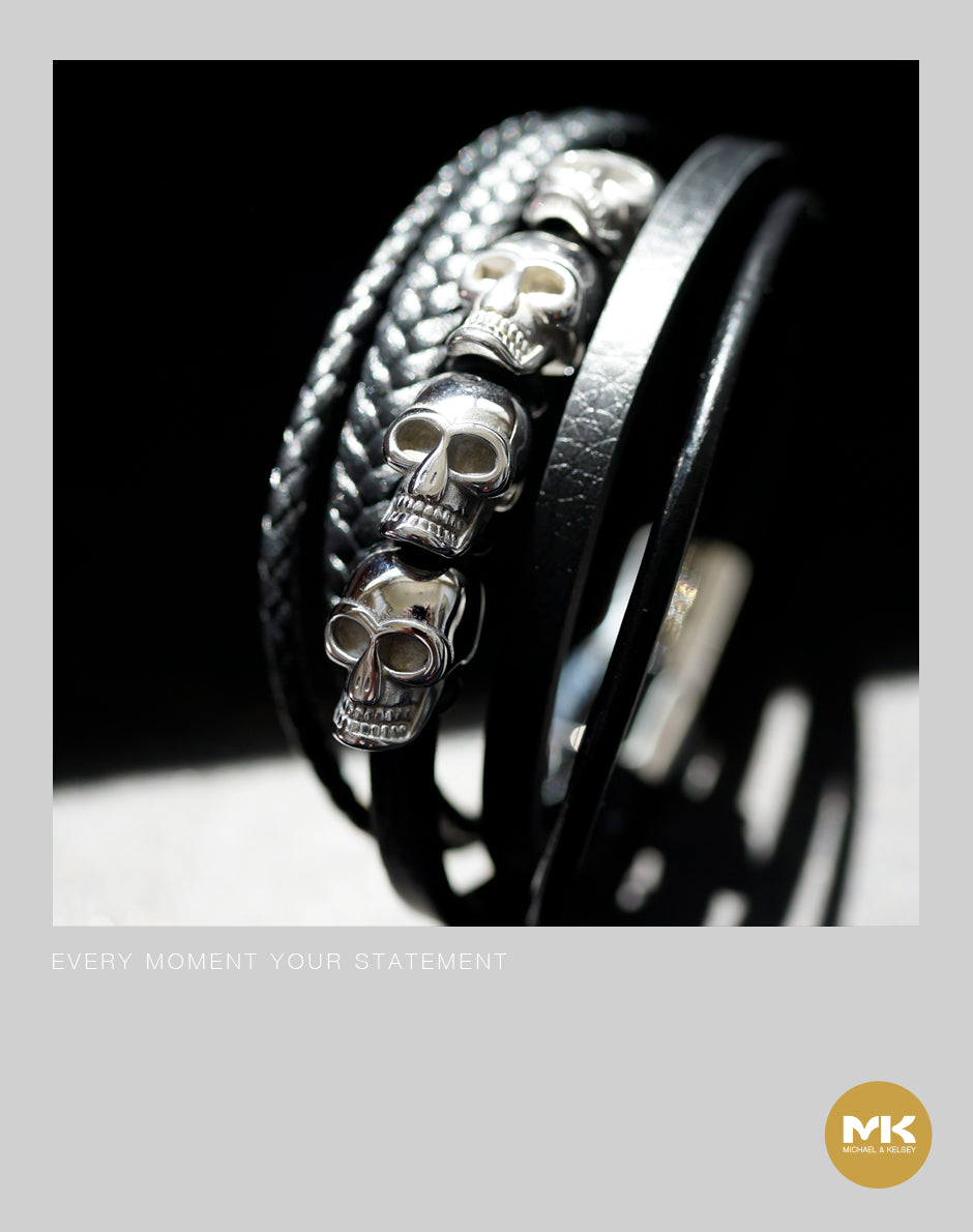 骷髏多圈編織皮繩手環（黑/銀）