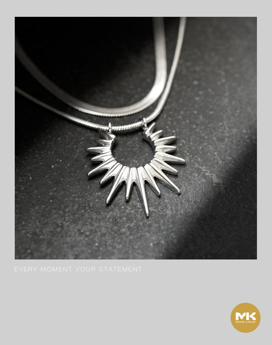 鈦鋼銀太陽光芒雙鍊項鍊