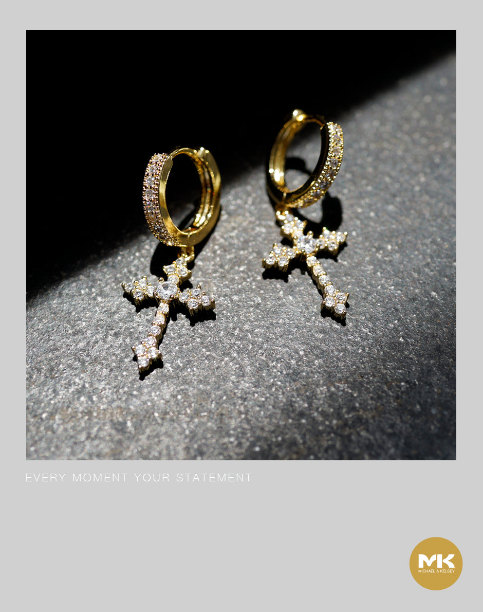 巴洛克十字架鈦鋼銀(金)鑲鋯石耳環