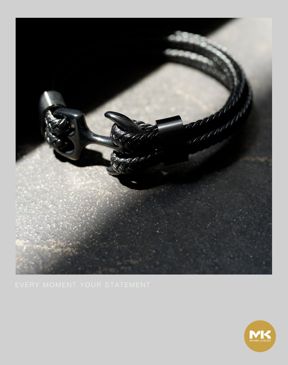 義大利牛皮霧黑船錨手環（藍/黑/棕）