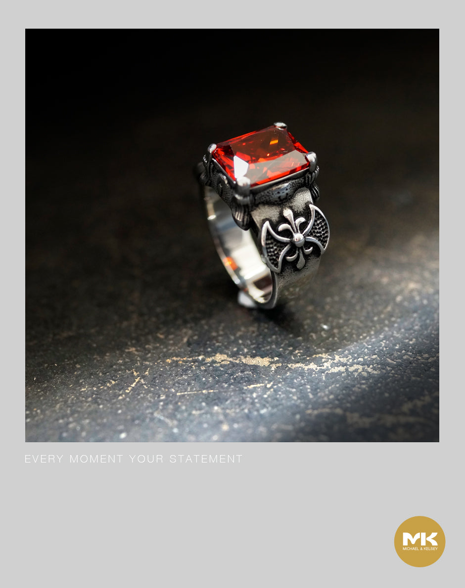 方鑽歌德風戒指（黑/紅）