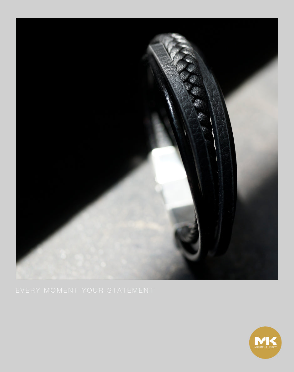 義大利牛皮多圈繩編織手環（黑/棕）