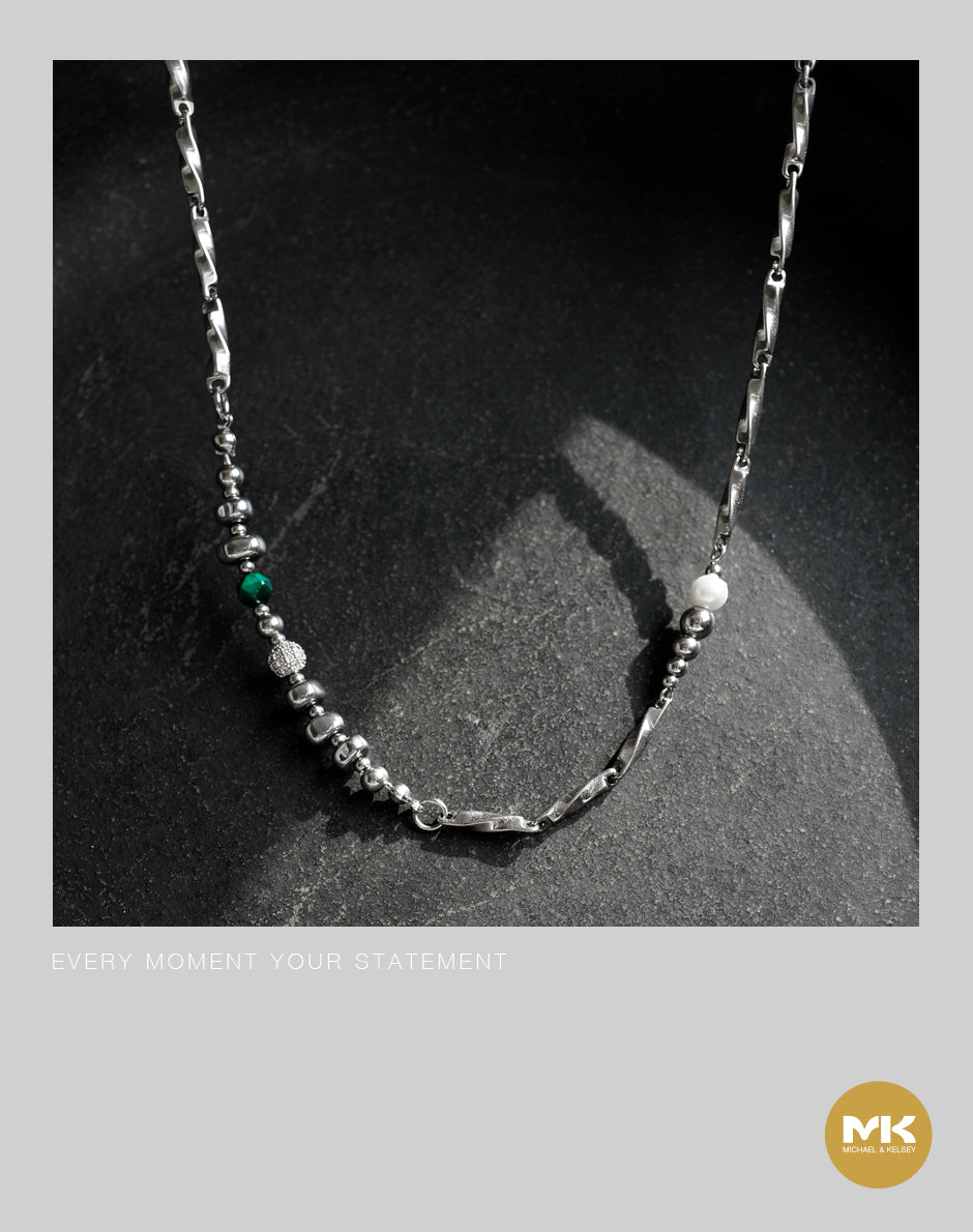 淬煉大地｜綠天然石不規則珠鈦鋼鍊