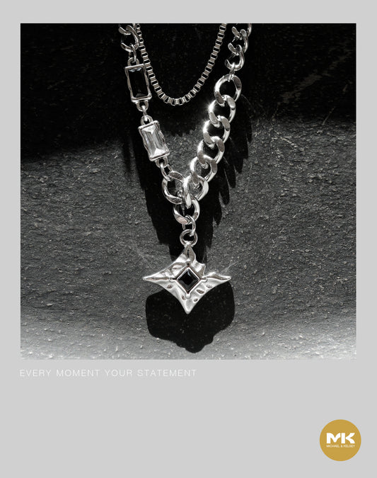 暗黑歌德｜銀色雙鍊菱鑽鋯石項鍊