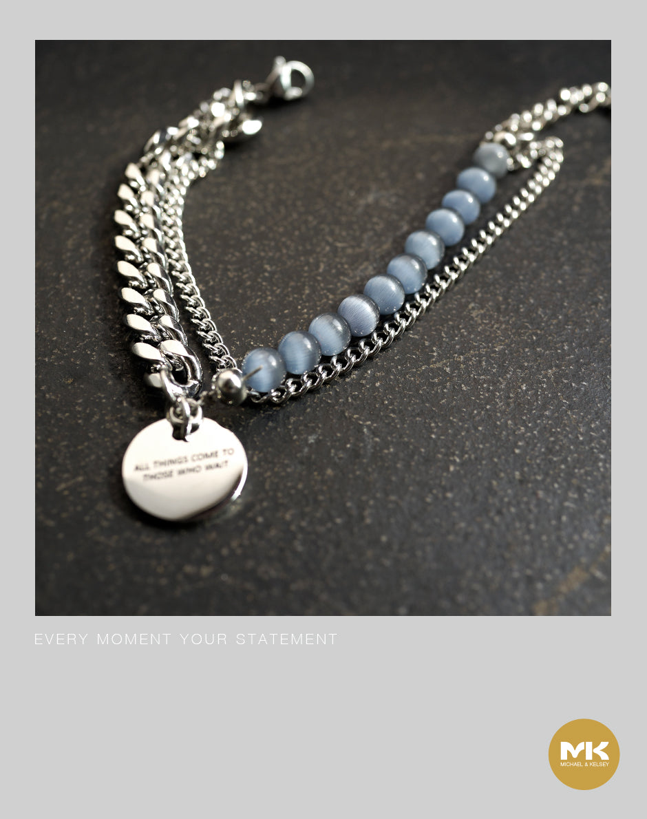 暗黑歌德｜藍珍珠銀鈦鋼古巴手鍊