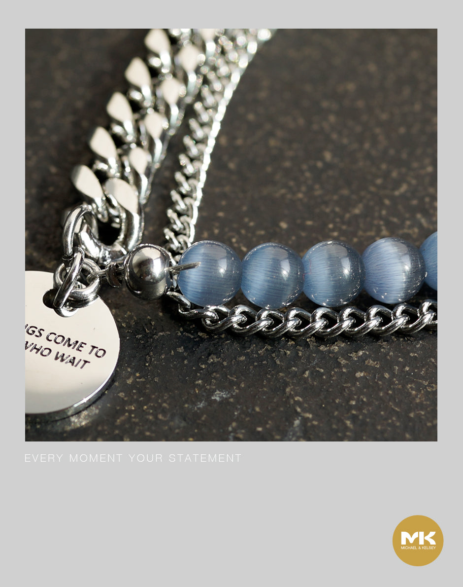 暗黑歌德｜藍珍珠銀鈦鋼古巴手鍊