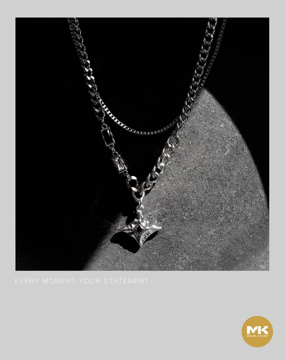 暗黑歌德｜銀色雙鍊菱鑽鋯石項鍊