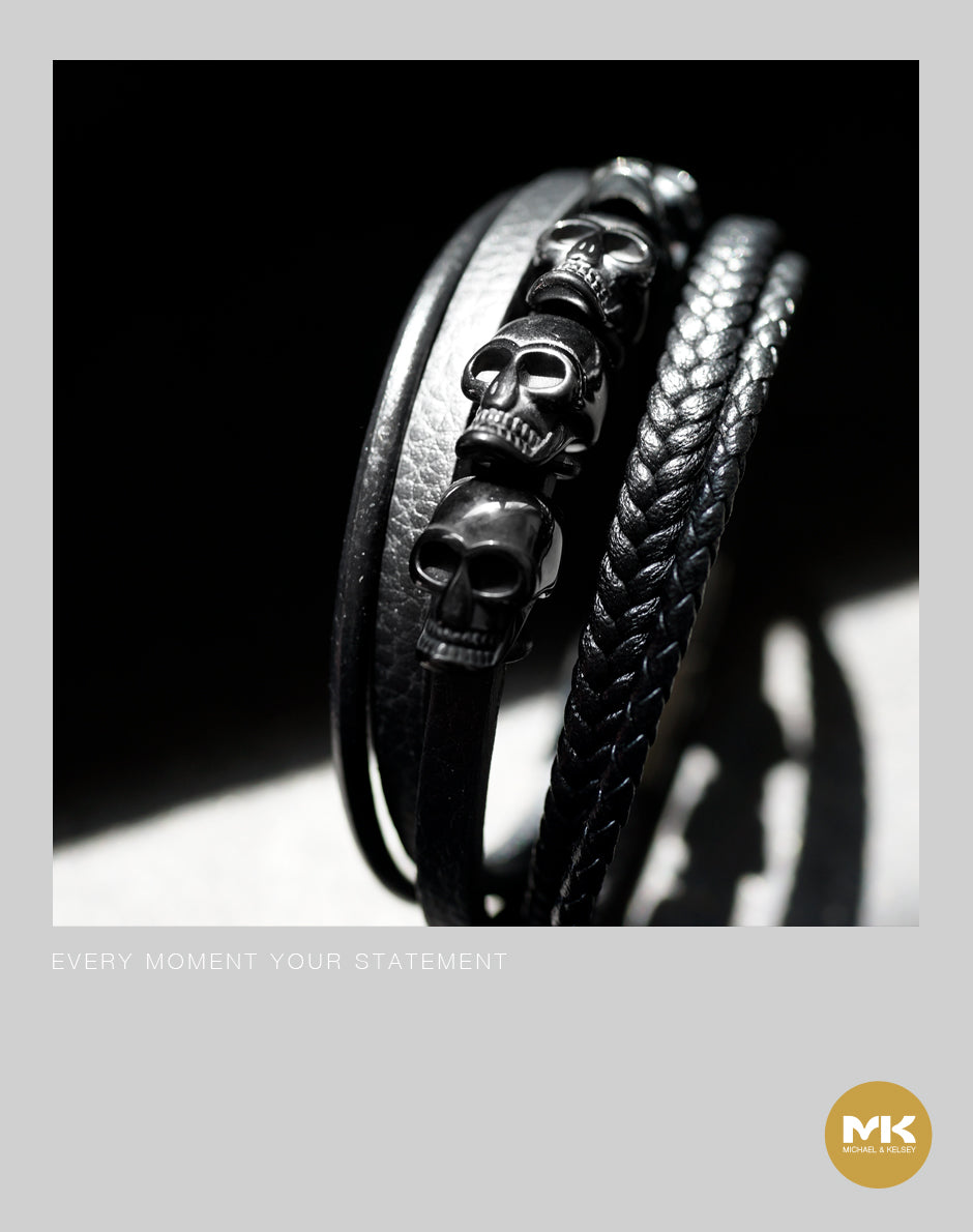 骷髏多圈編織皮繩手環（黑/銀）