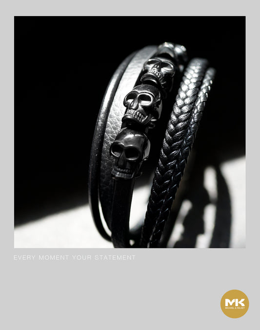 骷髏多圈編織皮繩手環（黑/銀）