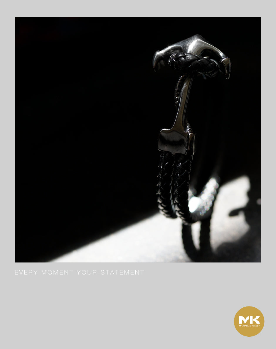 金/黑船錨義大利牛皮編織繩手環（黑/棕）