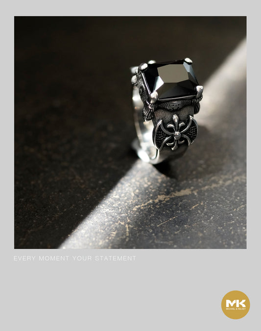 方鑽歌德風戒指（黑/紅）