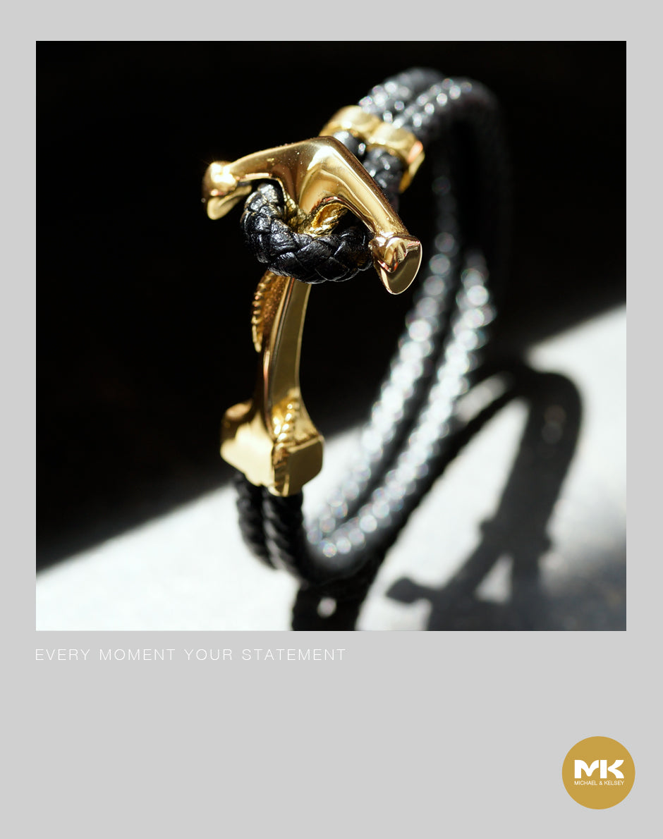 金/黑船錨義大利牛皮編織繩手環（黑/棕）