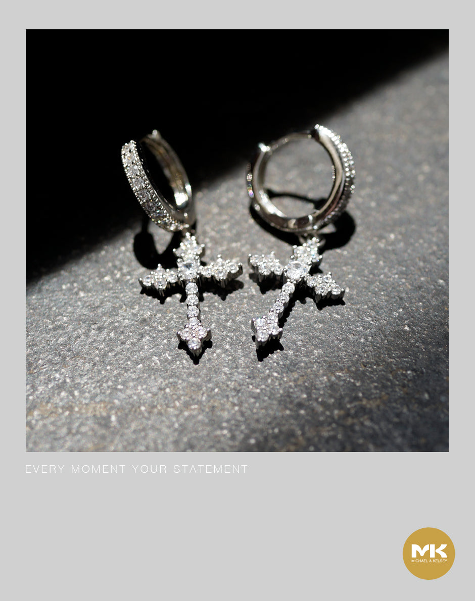 巴洛克十字架鈦鋼銀(金)鑲鋯石耳環